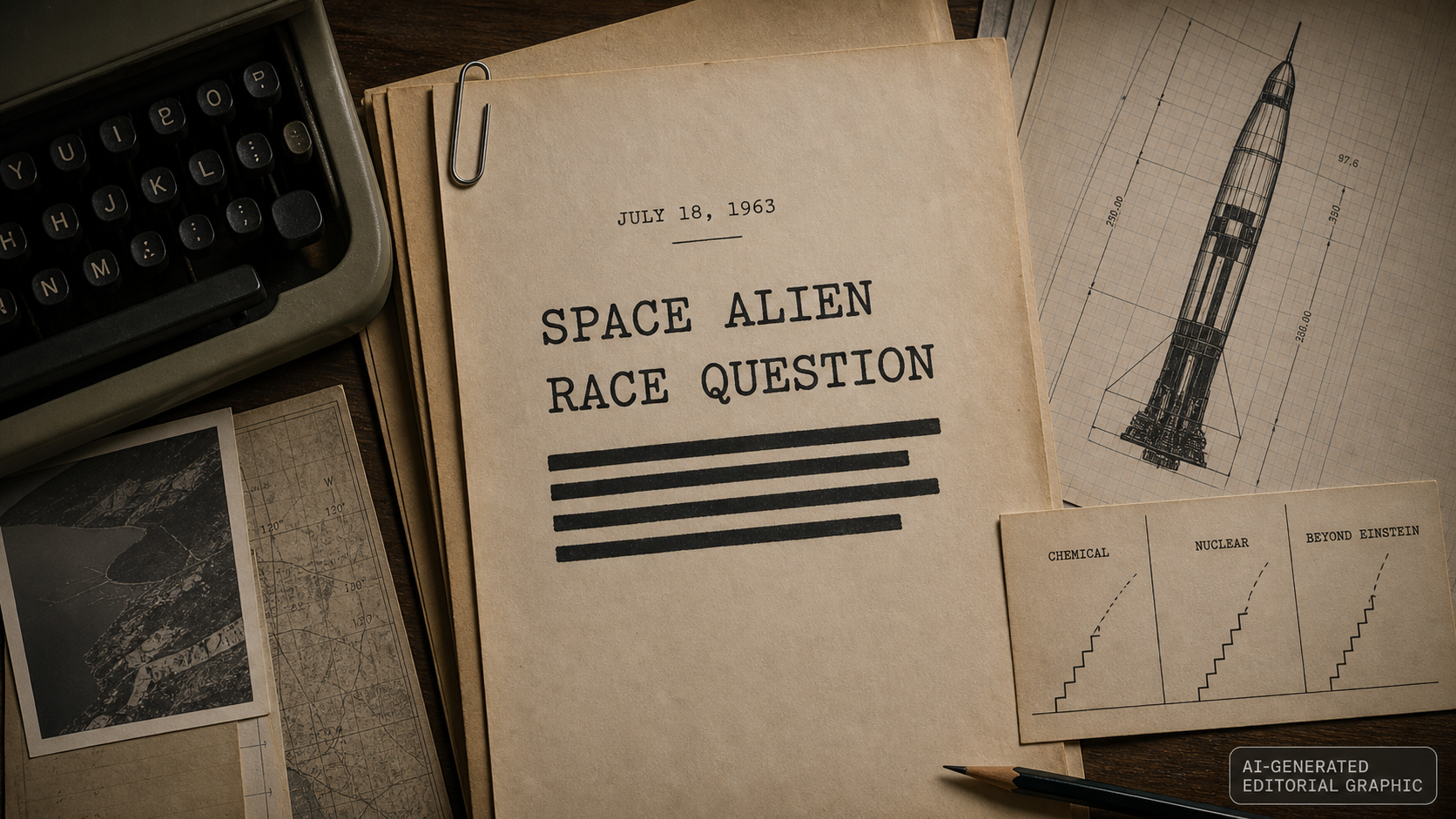 AI-generated editorial graphic showing an archival memo folder dated July 18, 1963, with a rocket sketch and three policy categories.