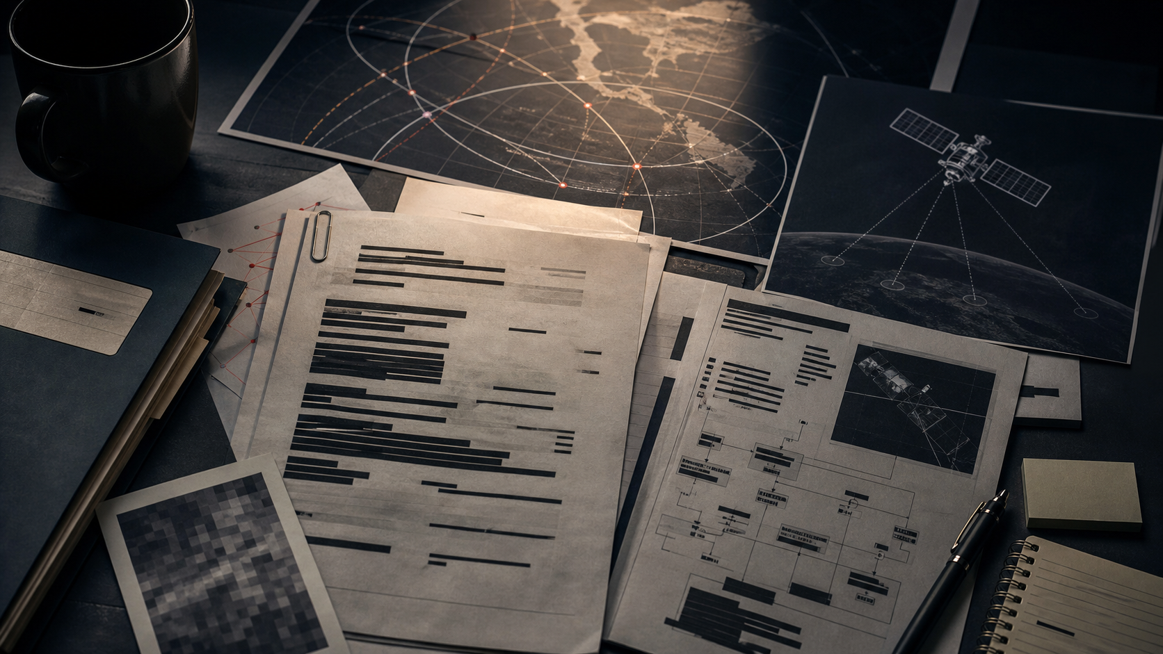 Editorial image of redacted papers, orbital tracking lines, and satellite diagrams on a dark briefing table.