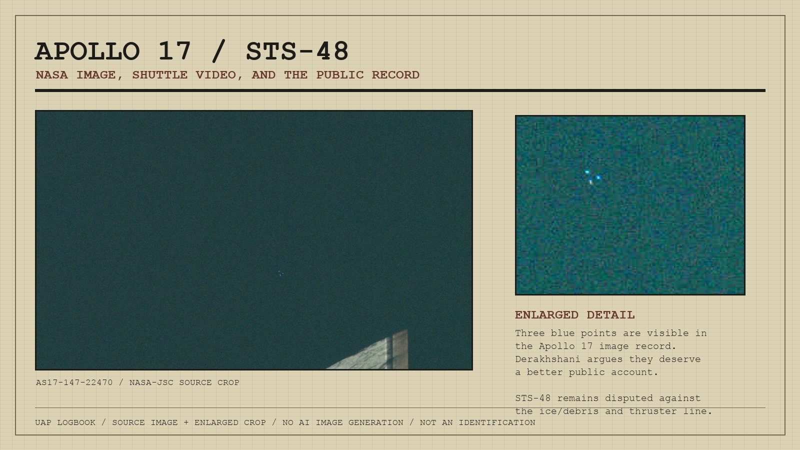Editorial source-image graphic showing a NASA Apollo 17 image crop with three blue points and an enlarged detail, labelled Apollo 17 and STS-48.