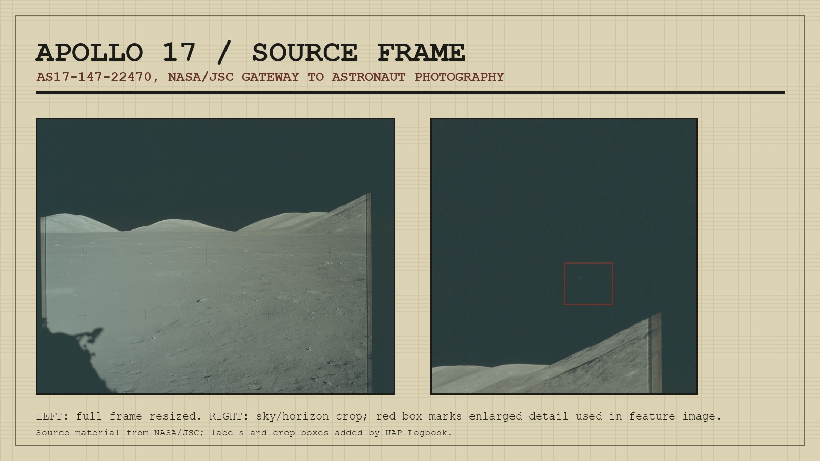 Source sheet showing the NASA Apollo 17 full frame and a right-sky crop with the blue-point area marked.