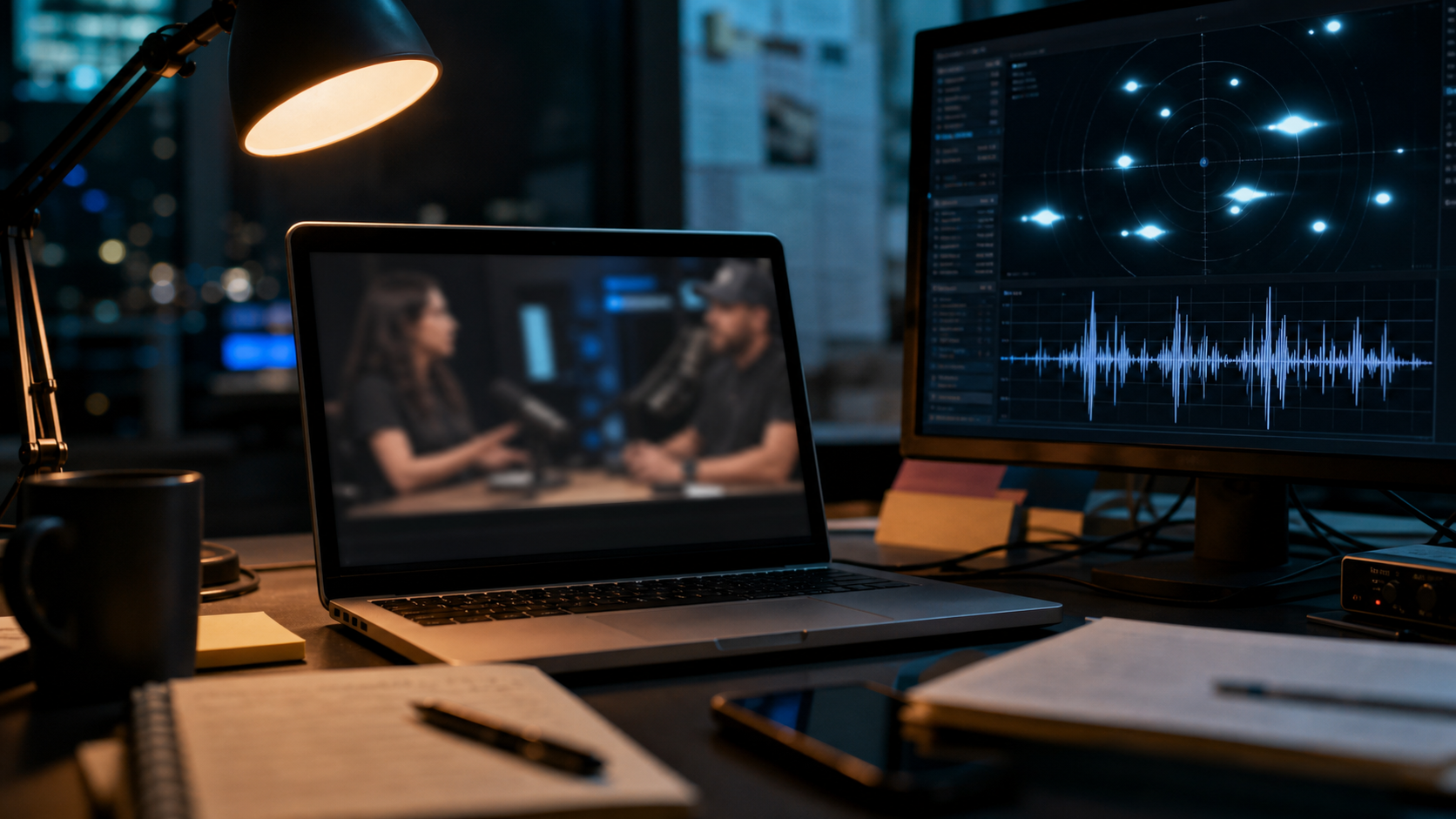 AI-generated editorial image showing a dark newsroom desk with a blurred podcast interview on a laptop and abstract UAP signal analysis on a monitor.