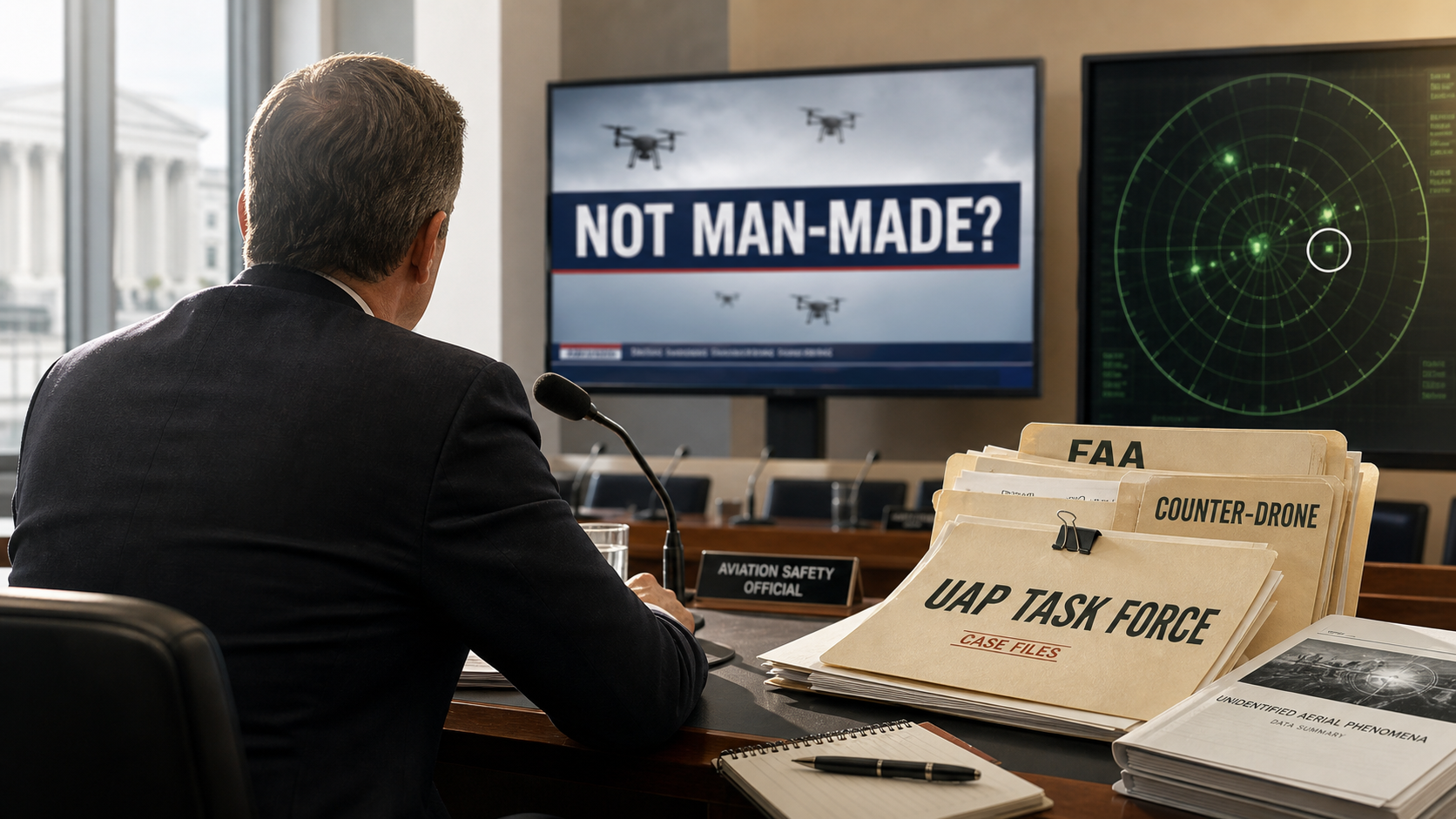 AI-generated editorial image showing a hearing table, UAP files, drone silhouettes, and a TV-style quote fragment for a Brett Feddersen UAP short note.