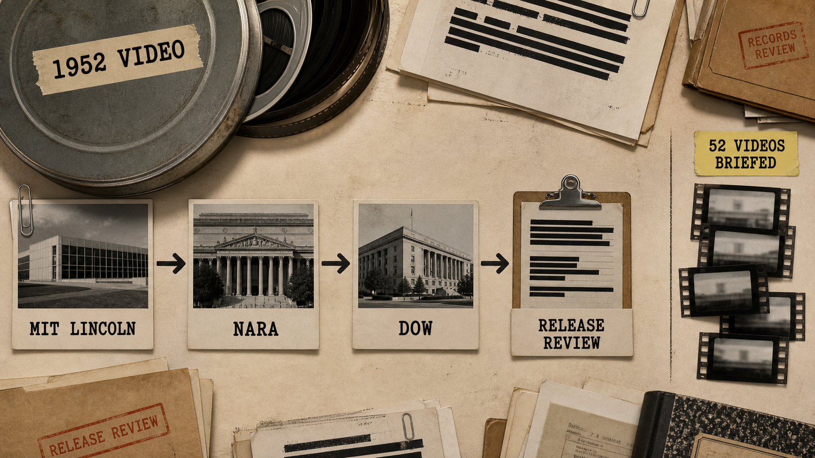 Generated editorial graphic showing a 1952 video reel and an archive release path from MIT Lincoln to NARA, Department of War, and release review.