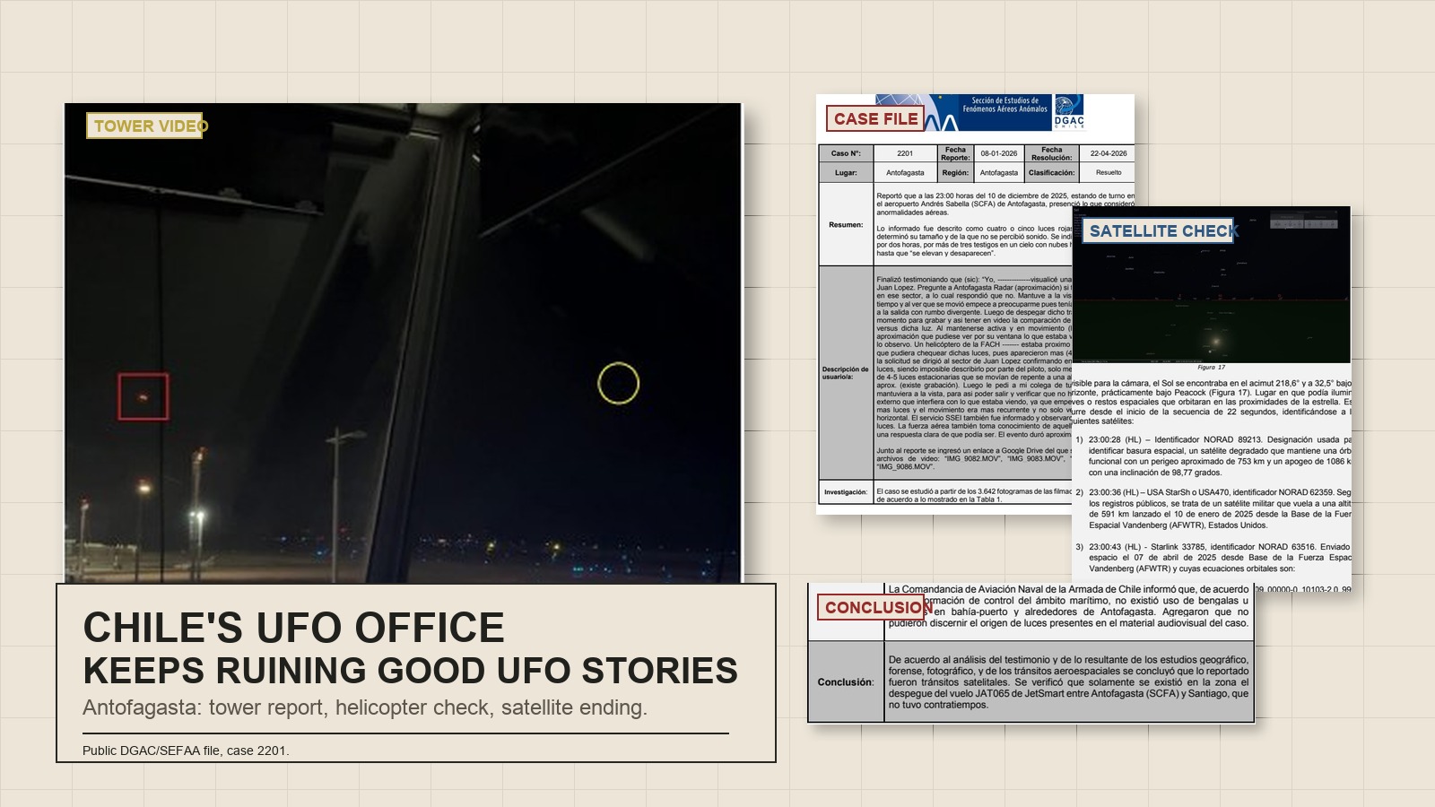 Editorial source-image collage from Chile SEFAA case 2201, showing an airport tower video frame, official case file pages, a satellite comparison, and the written conclusion.
