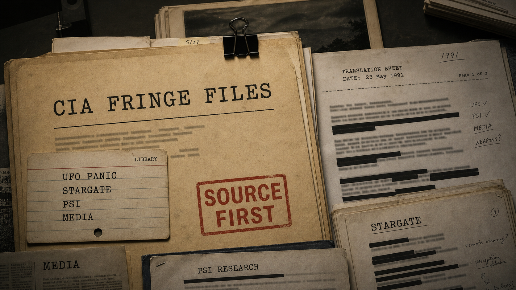 Editorial image of an archive folder labeled CIA Fringe Files with source-first stamp, UFO panic, STARGATE, PSI, and media notes.
