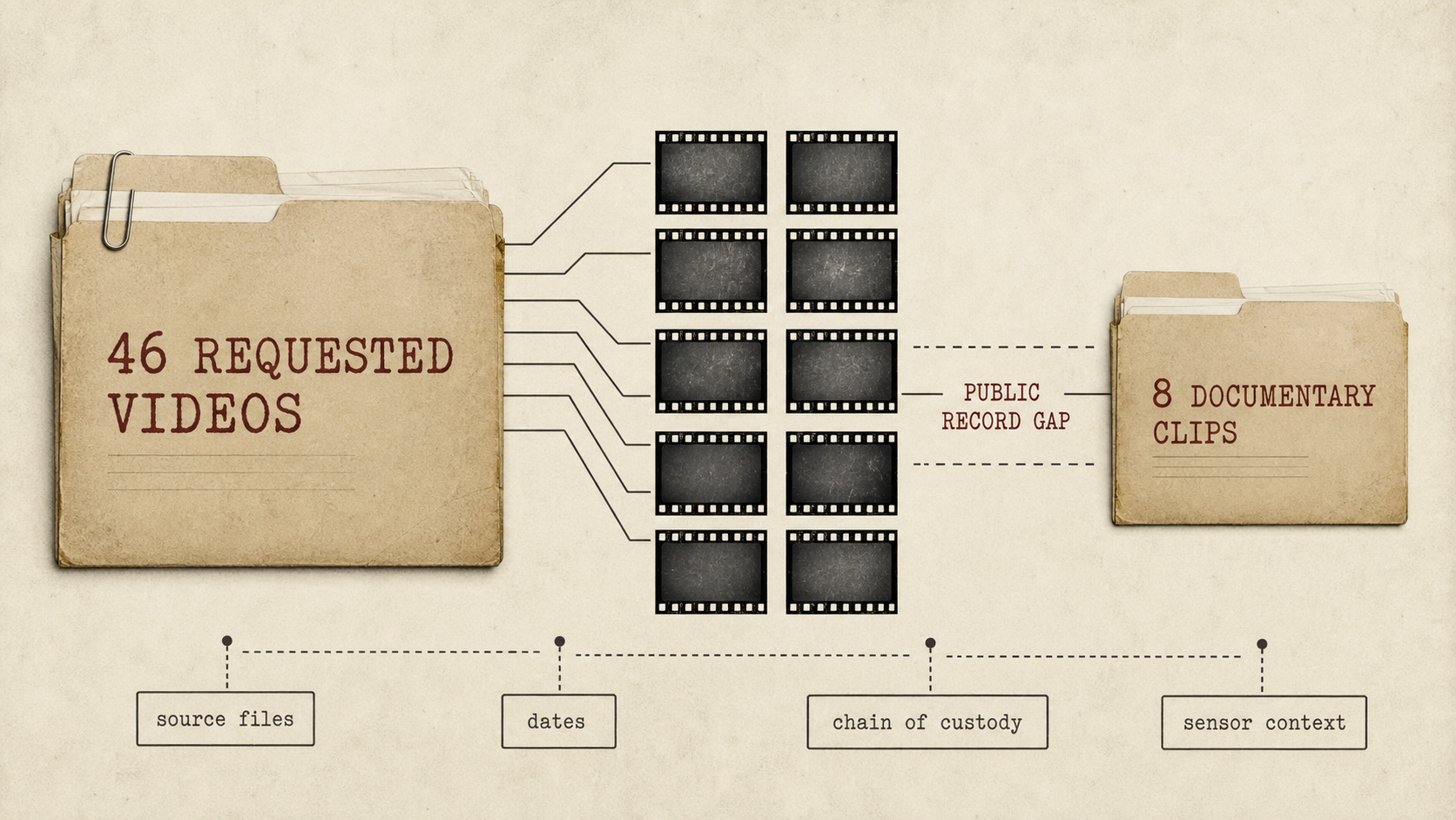Generated editorial graphic comparing eight documentary clips with the larger set of 46 requested UAP videos