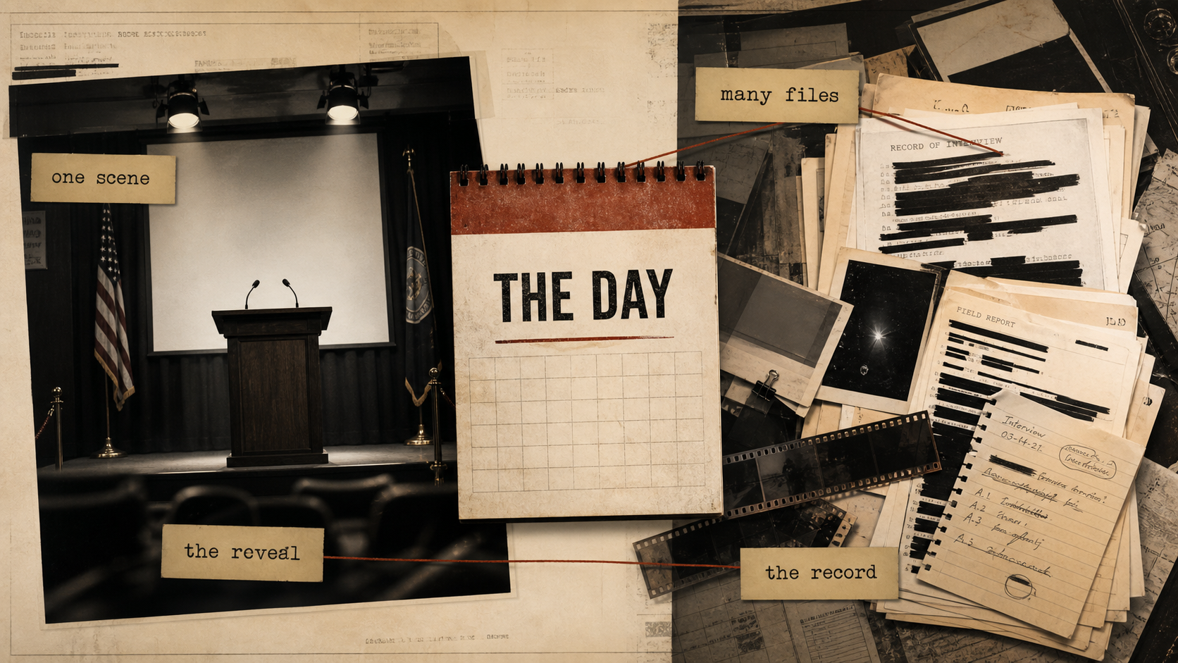 Generated editorial graphic showing a fictional disclosure podium next to messy public records