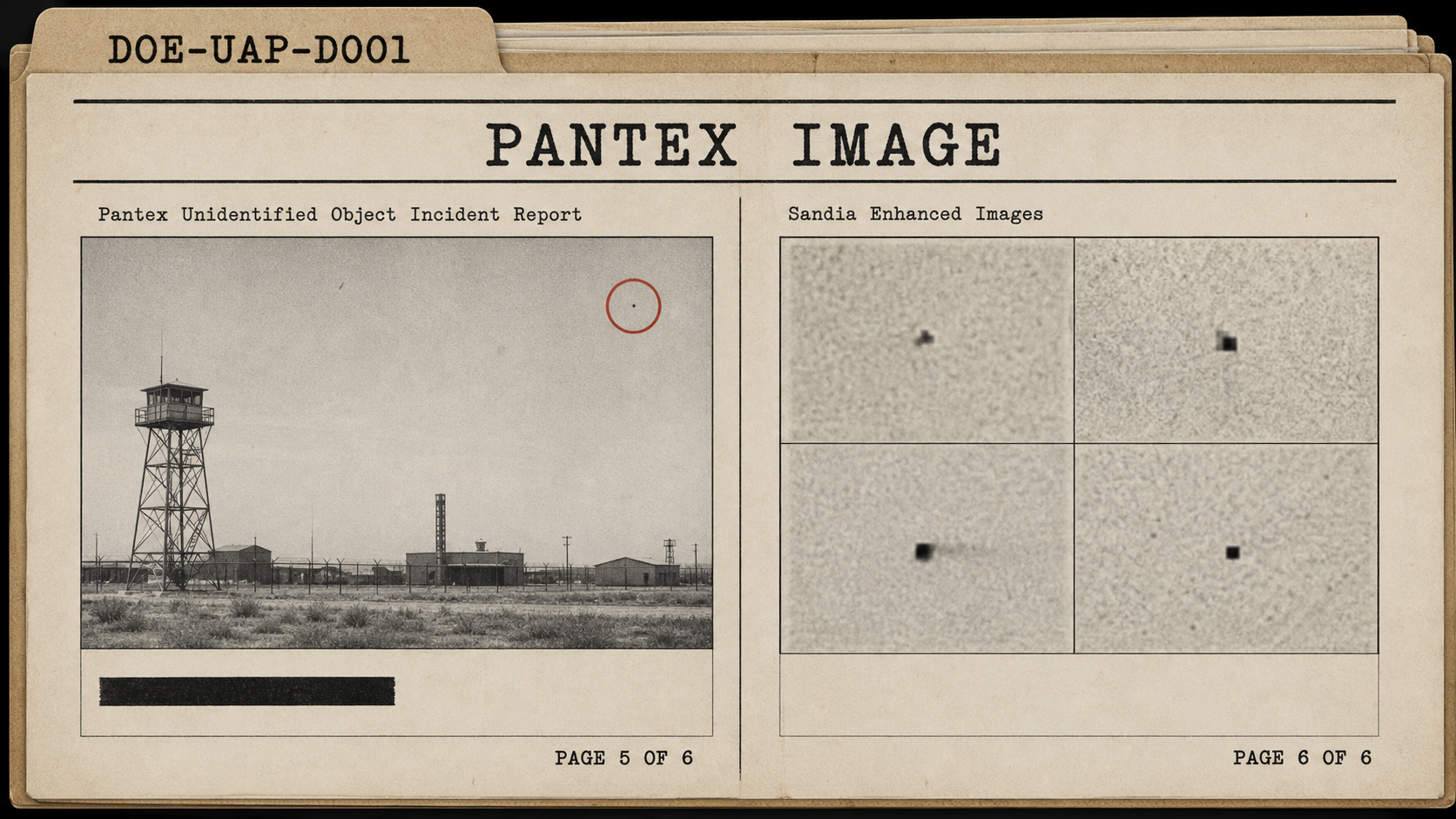 Generated editorial dossier graphic for DOE-UAP-D001, showing a Pantex image page, surveillance tower frame, red-circled object, and Sandia enhanced-image panel.