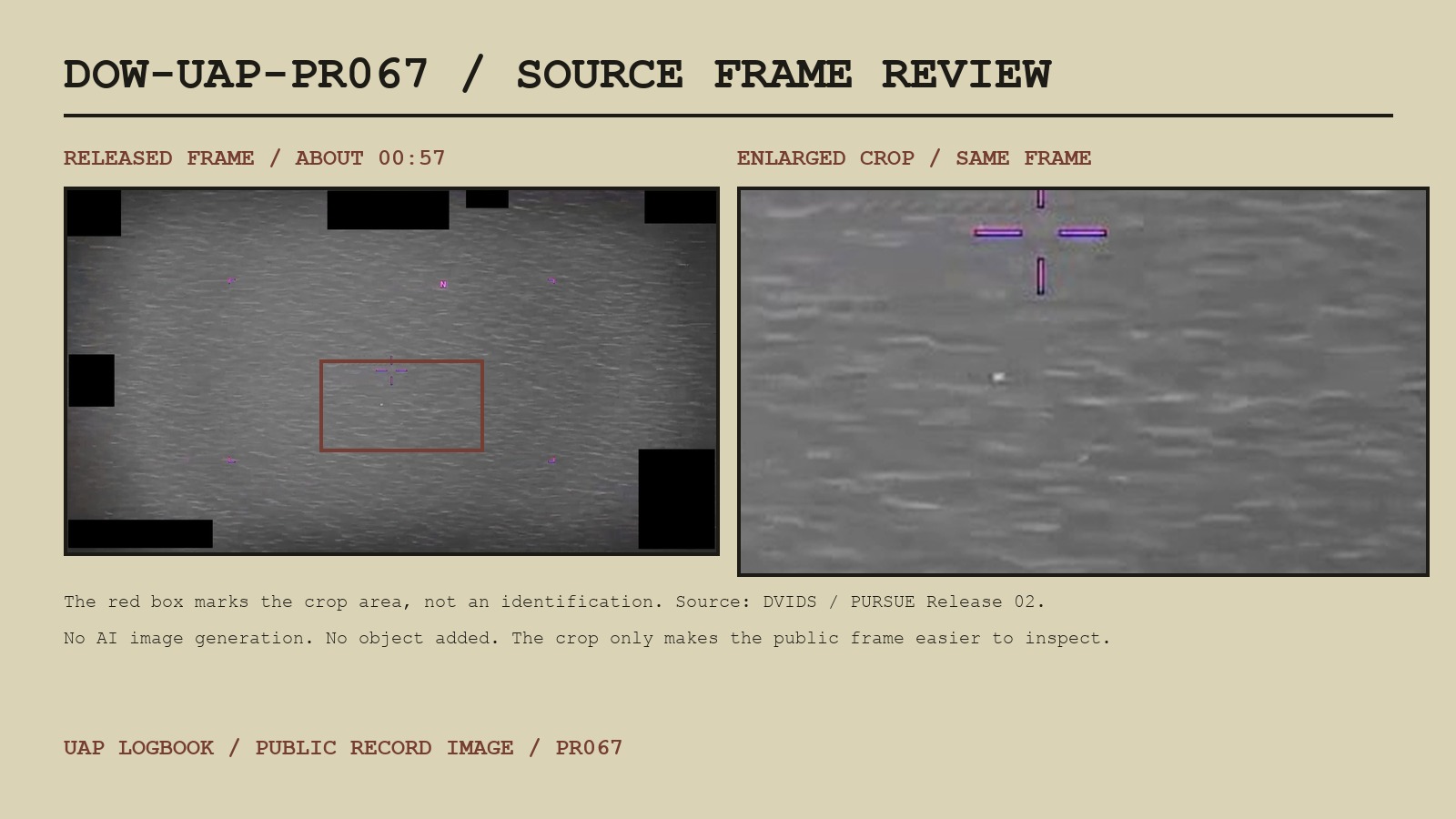 Source frame and enlarged crop from the released PR067 infrared video showing a small bright area of contrast over water.