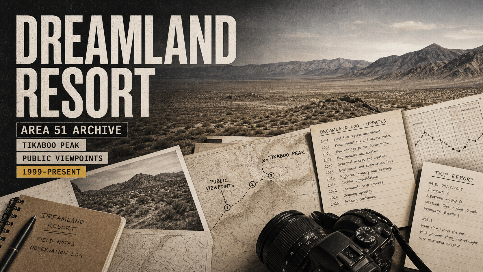 Editorial infographic showing Dreamland Resort as an Area 51 archive with desert, maps, trip reports, Tikaboo Peak notes, and public viewpoint labels