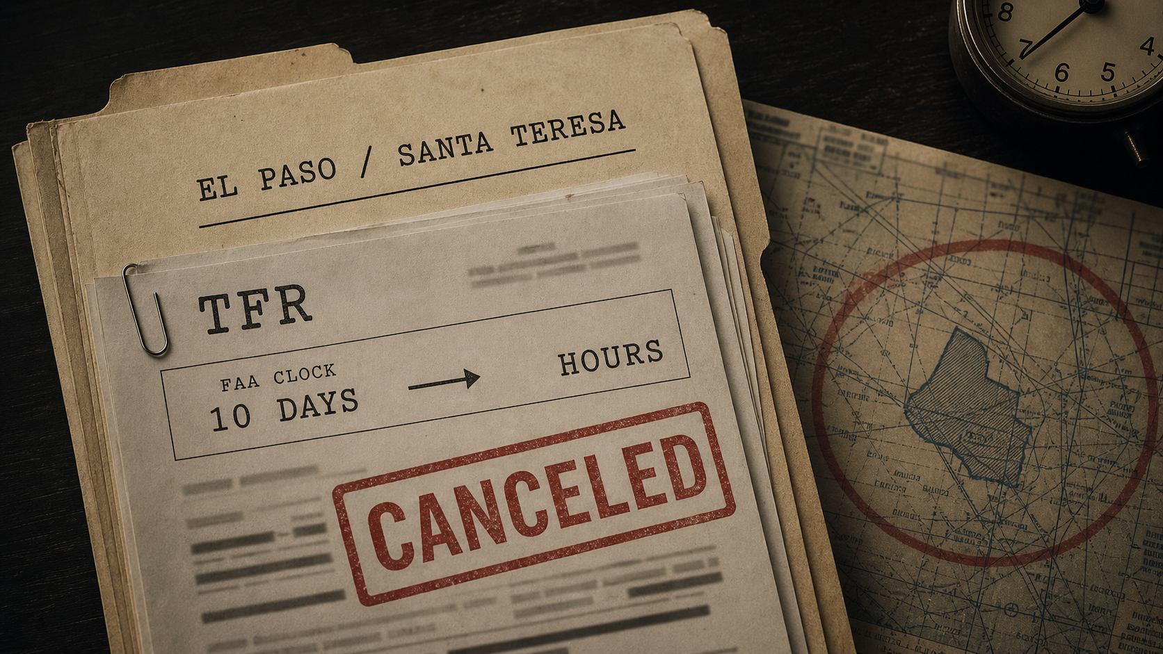Editorial image of an El Paso and Santa Teresa FAA restriction file with a canceled stamp and a ten-days-to-hours timeline.