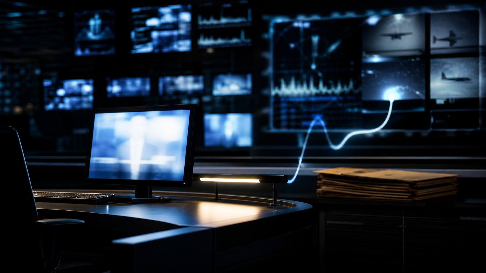 AI-generated editorial image showing a dark newsroom analysis desk, abstract broadcast screens, radar-like traces, aircraft silhouettes, and unlabeled folders.