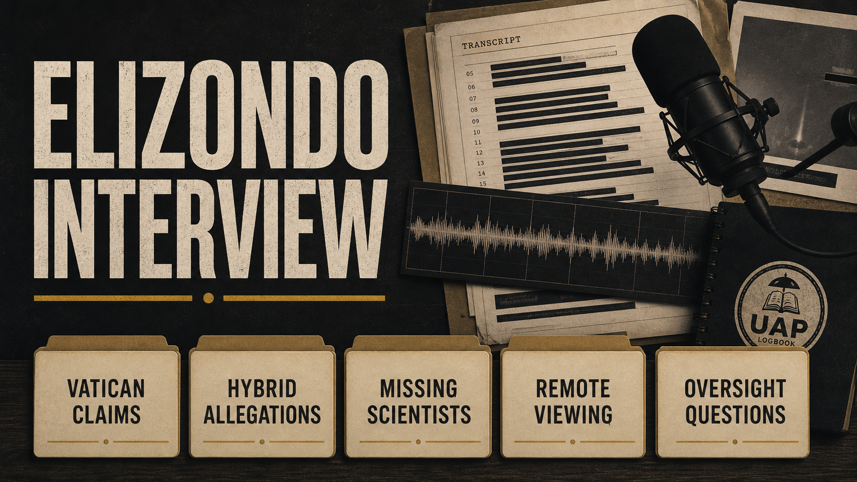 Generated editorial infographic for an Elizondo interview recap showing transcript pages and labeled topic files