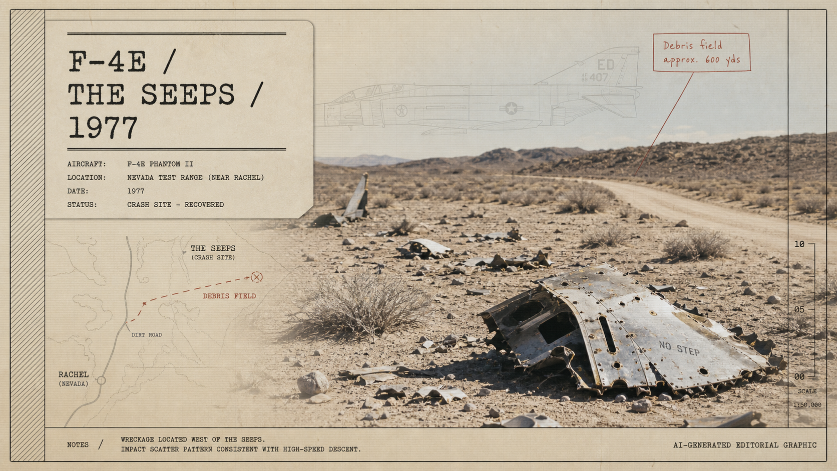 AI-generated editorial field-file graphic showing a Nevada desert aircraft debris field, an F-4E Phantom silhouette, and labels for The Seeps, 1977.