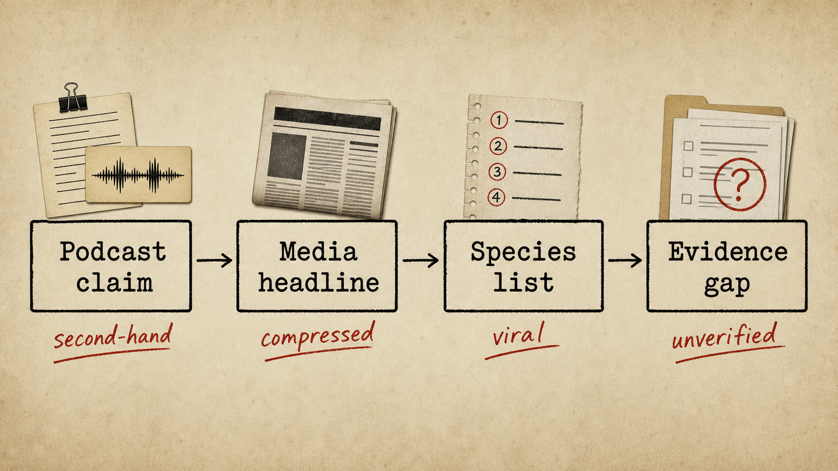 Generated editorial claim-chain graphic showing podcast claim, media headline, species list, and evidence gap