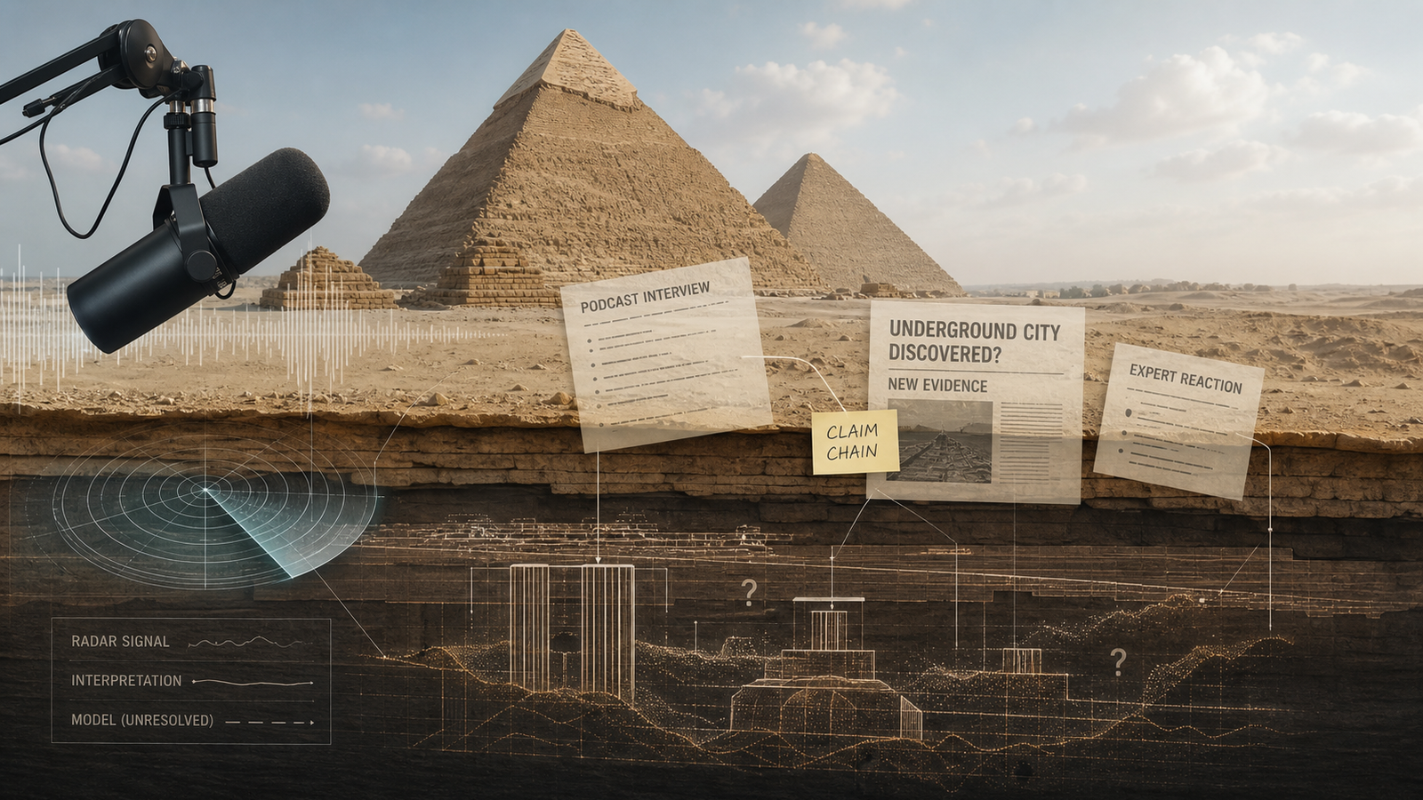 Generated editorial illustration of the Giza pyramids, a podcast microphone, radar lines, and an unresolved underground claim-chain diagram.
