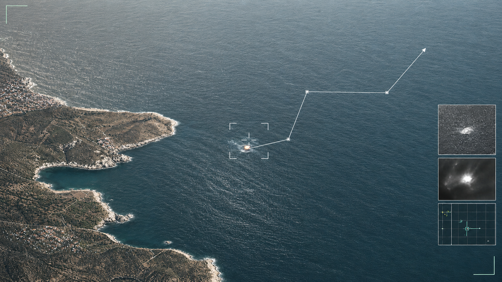 Editorial sensor-style view of the Aegean coast with a tracked contrast spot and an angular reported path