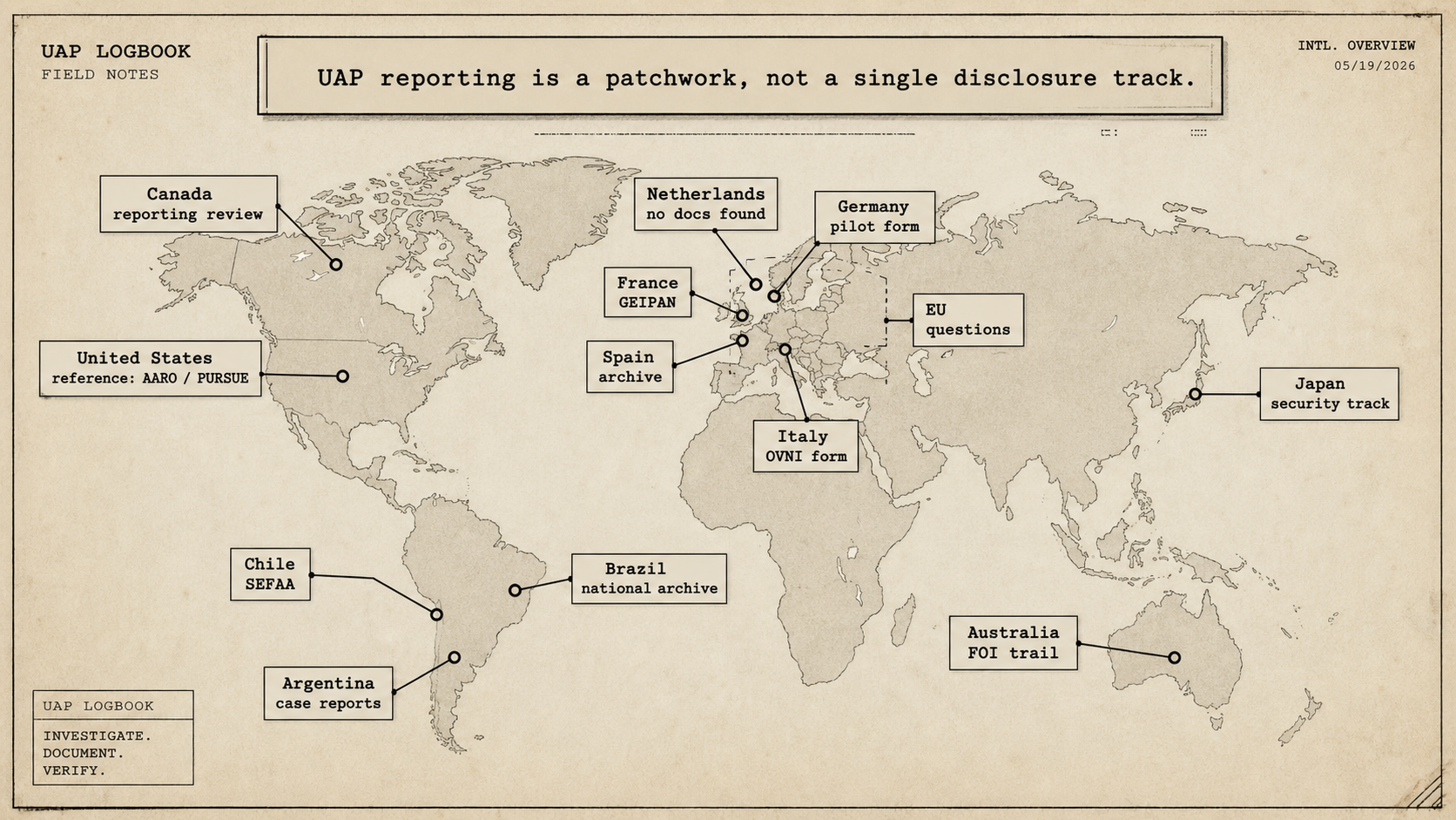 Generated editorial map showing international UAP reporting channels, including Canada, France, Chile, Italy, Japan, the United States, Australia, Germany, Brazil, Spain, the Netherlands, and the EU