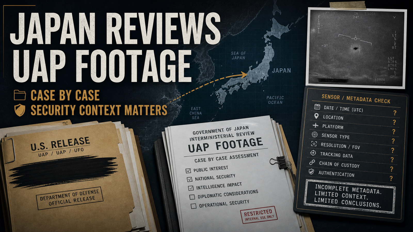 Infographic summarizing Japan reviewing U.S.-released UAP footage and using case-by-case disclosure language