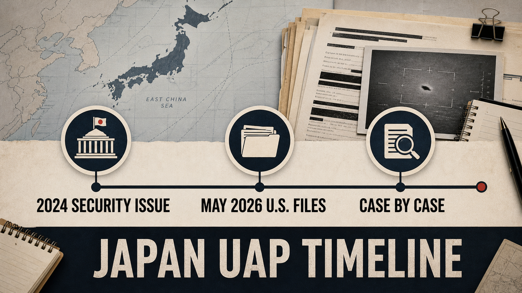Timeline graphic showing Japan's UAP discussion from 2024 security issue to May 2026 U.S. files and case-by-case disclosure