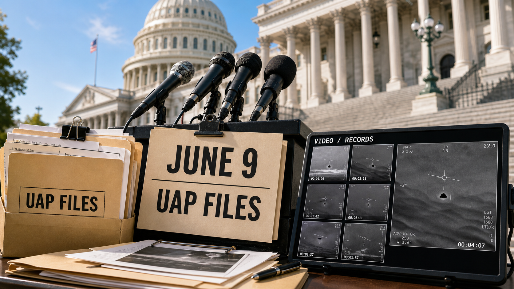 AI-generated editorial image showing microphones on the U.S. Capitol steps, folders labeled UAP files, and a monitor with generic infrared-style video records for a June 9 transparency event.