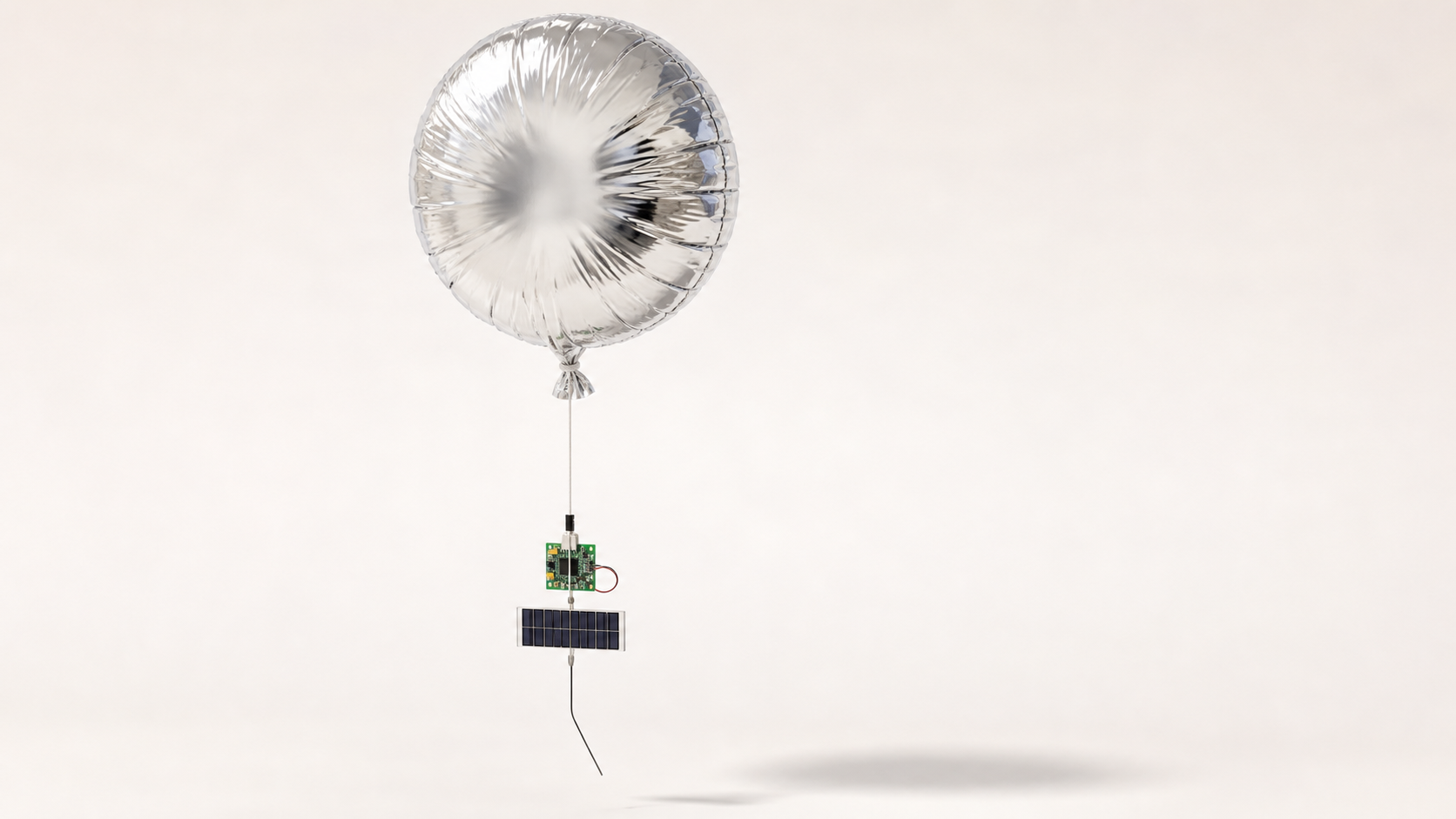AI-rendered context image of a small foil balloon carrying a lightweight tracker board, solar panel, and wire antenna.