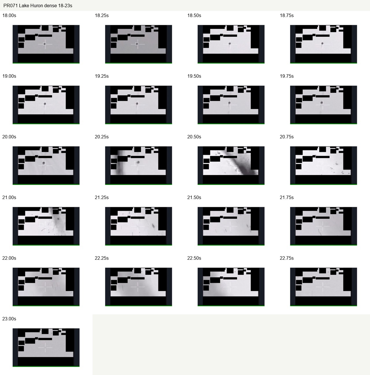Dense frame sequence from 18 to 23 seconds of the Lake Huron UAP shootdown video.