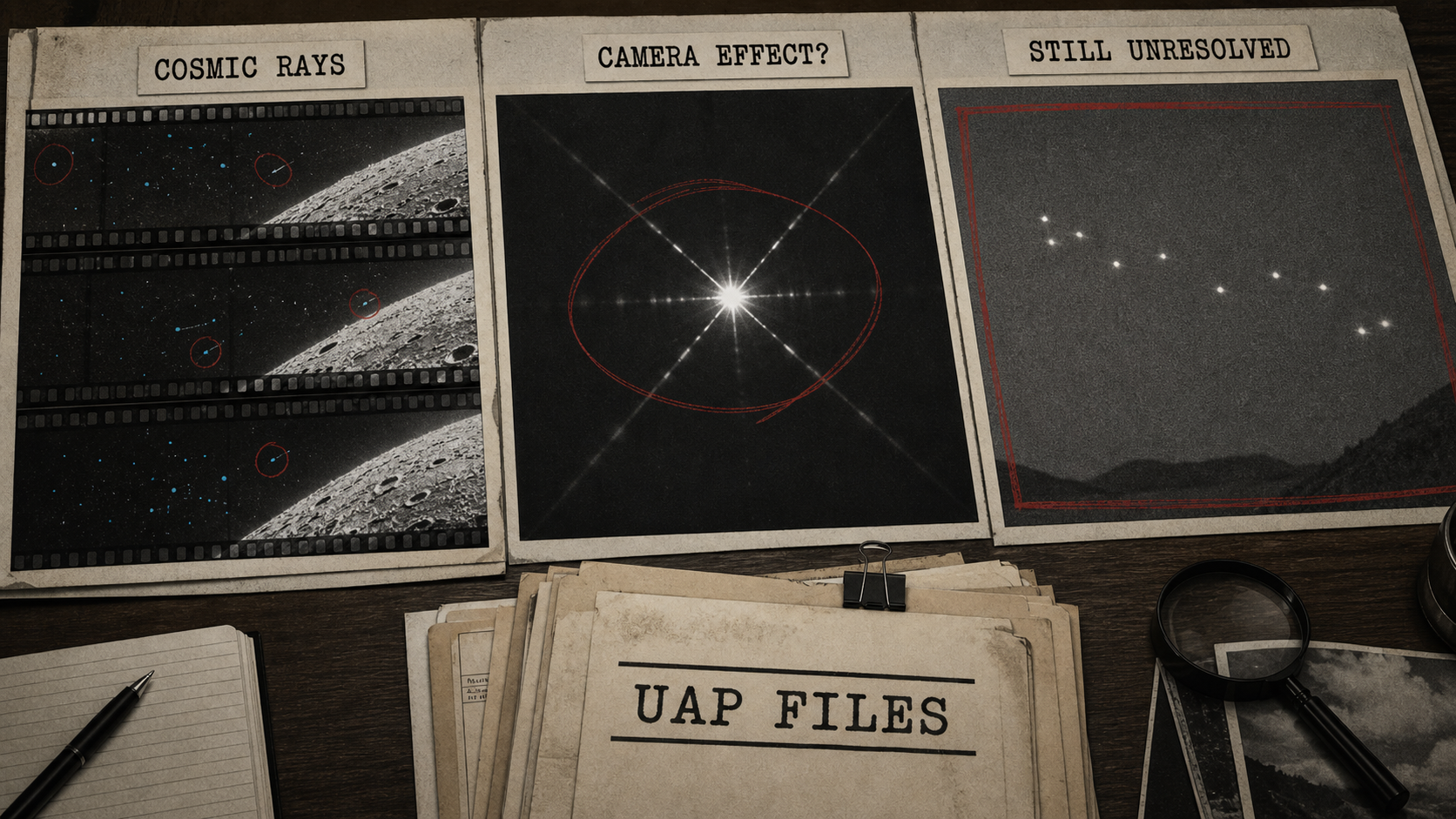 Generated editorial image showing cosmic rays, a possible camera effect, and an unresolved formation video as parts of a UAP files review