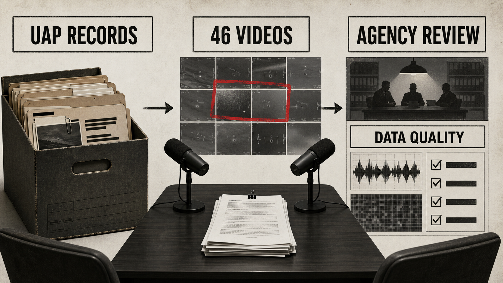 Generated editorial infographic showing UAP records, 46 videos, agency review, and data quality as a document workflow