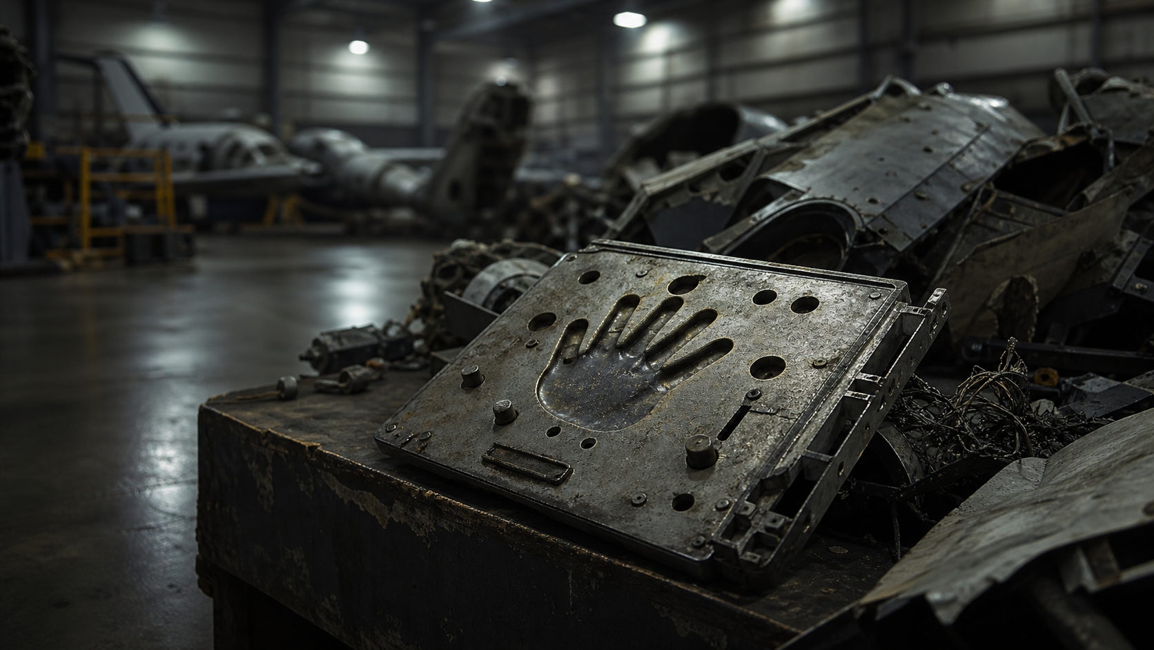AI-generated editorial image of a strange hand-shaped metal control panel lying among aircraft wreckage inside a dim hangar.