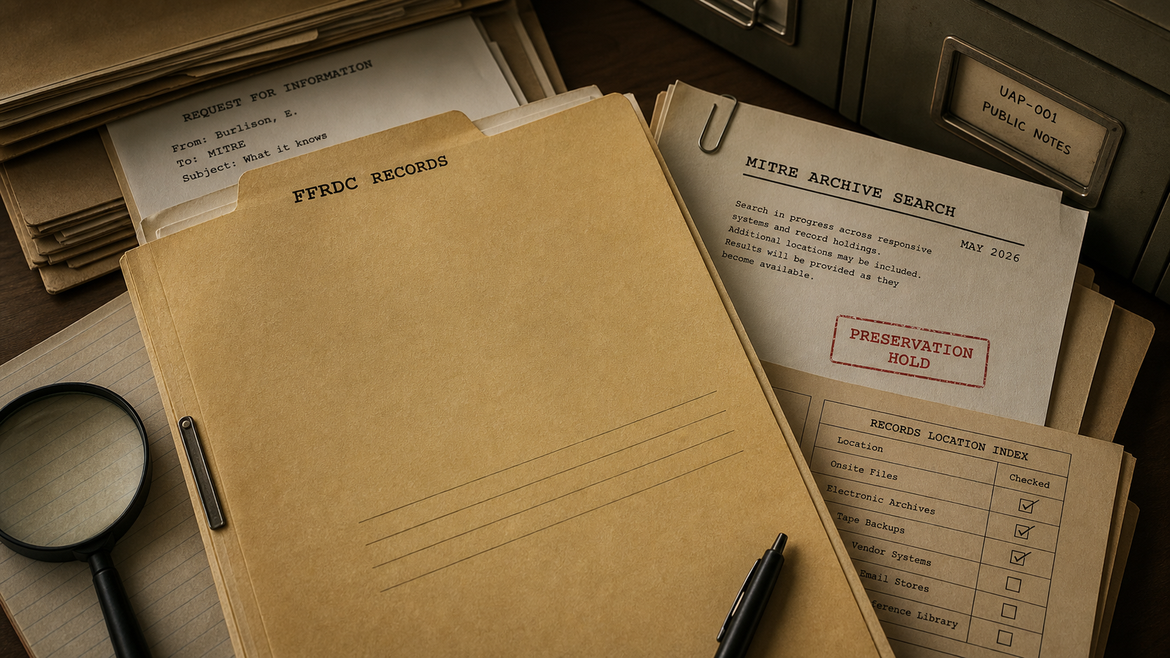 Editorial image of FFRDC records folders, a MITRE archive search page, and a preservation hold stamp on a records desk.
