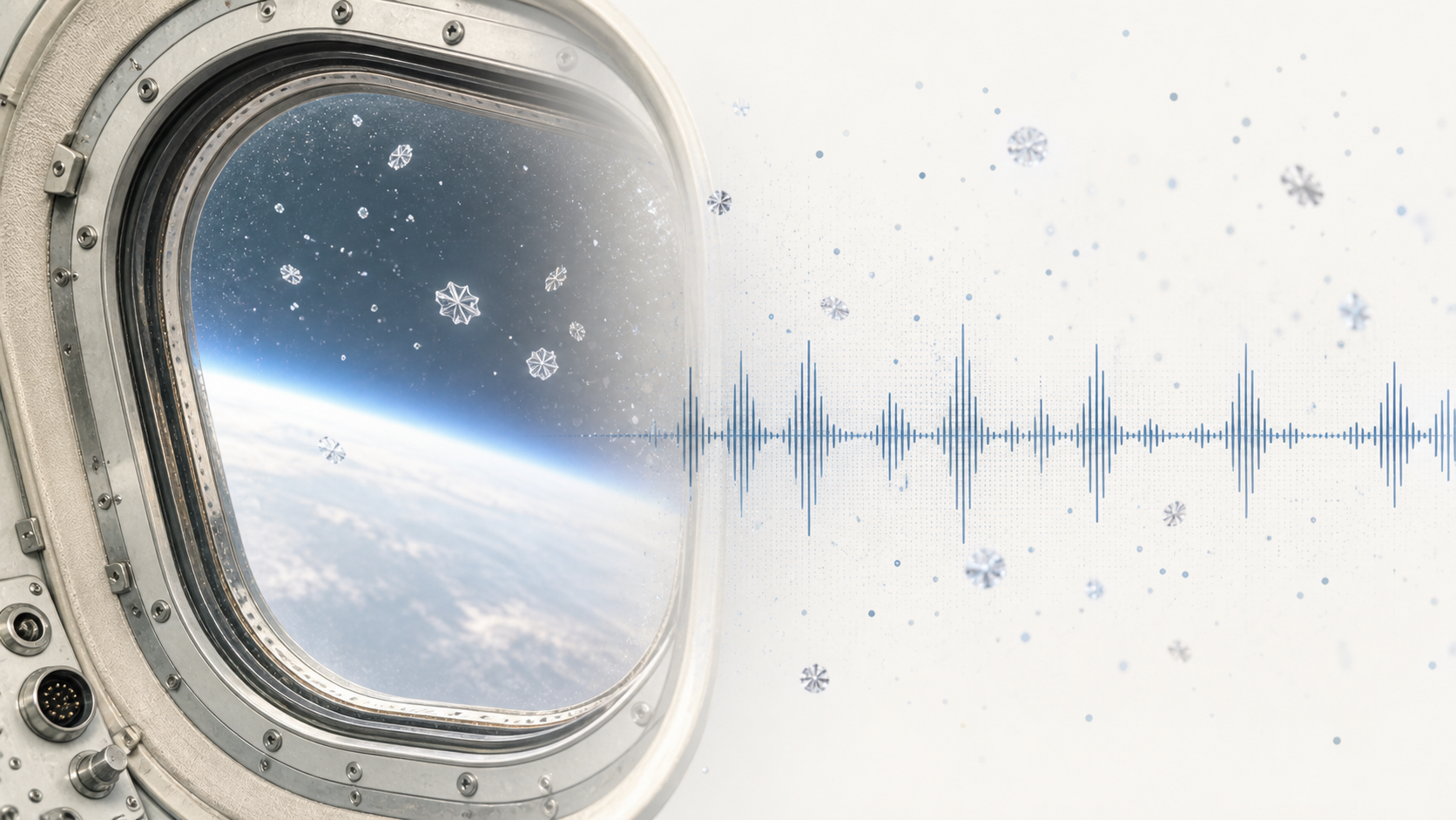 Generated editorial image showing a 1960s spacecraft window, small reflective particles, and an audio waveform.