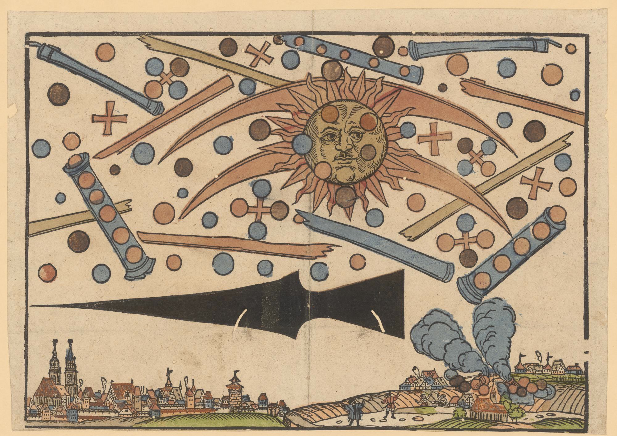 Hans Glaser's 1561 woodcut showing the celestial phenomenon over Nuremberg, with spheres, rods, crosses, crescents, a black spear shape, smoke, and the city below.