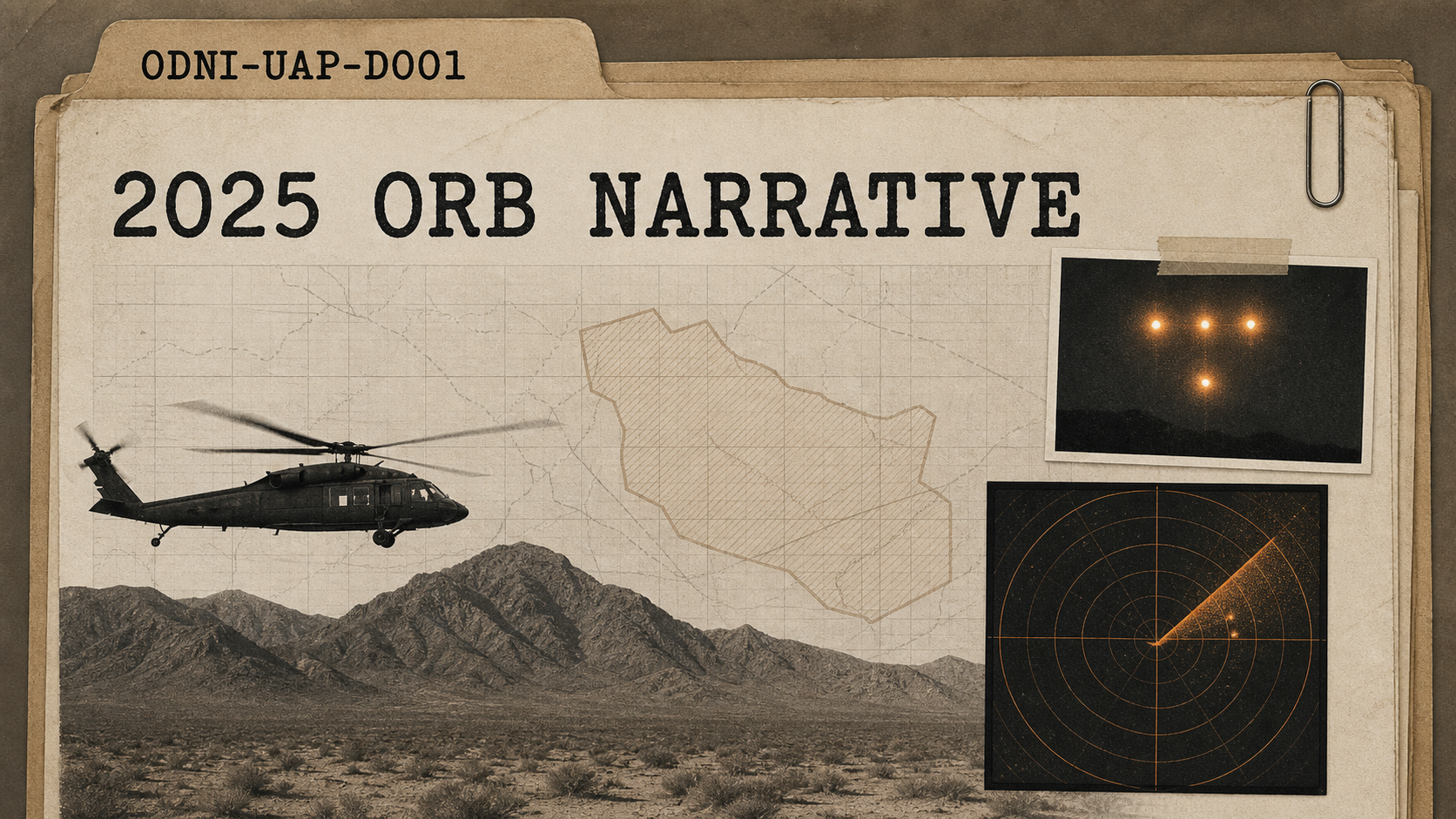 Generated editorial dossier graphic for ODNI-UAP-D001, showing a helicopter over a desert test range, radar display, and orange lights in a T-shaped pattern.