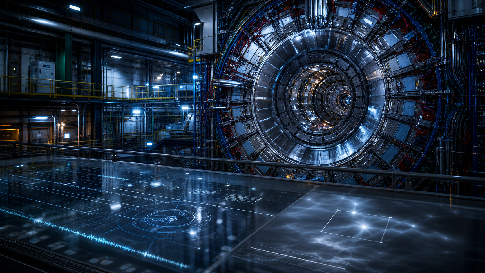 AI-generated editorial image of a modern particle detector hall with glass reflections of abstract sensor traces and sky-like imagery.