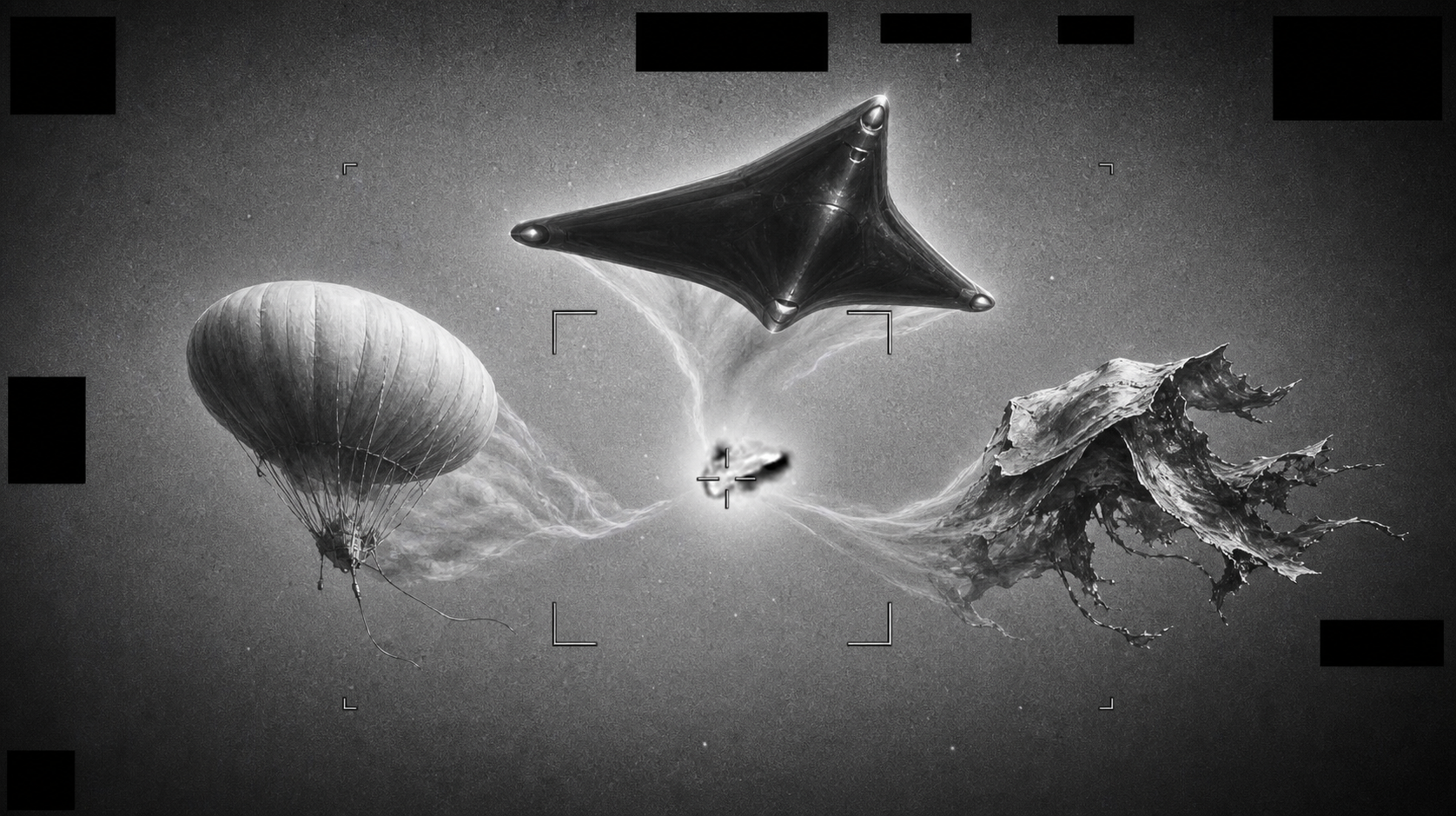 AI-generated visual overcompletion of the PR-046 infrared frame into balloon, craft, and torn-material possibilities
