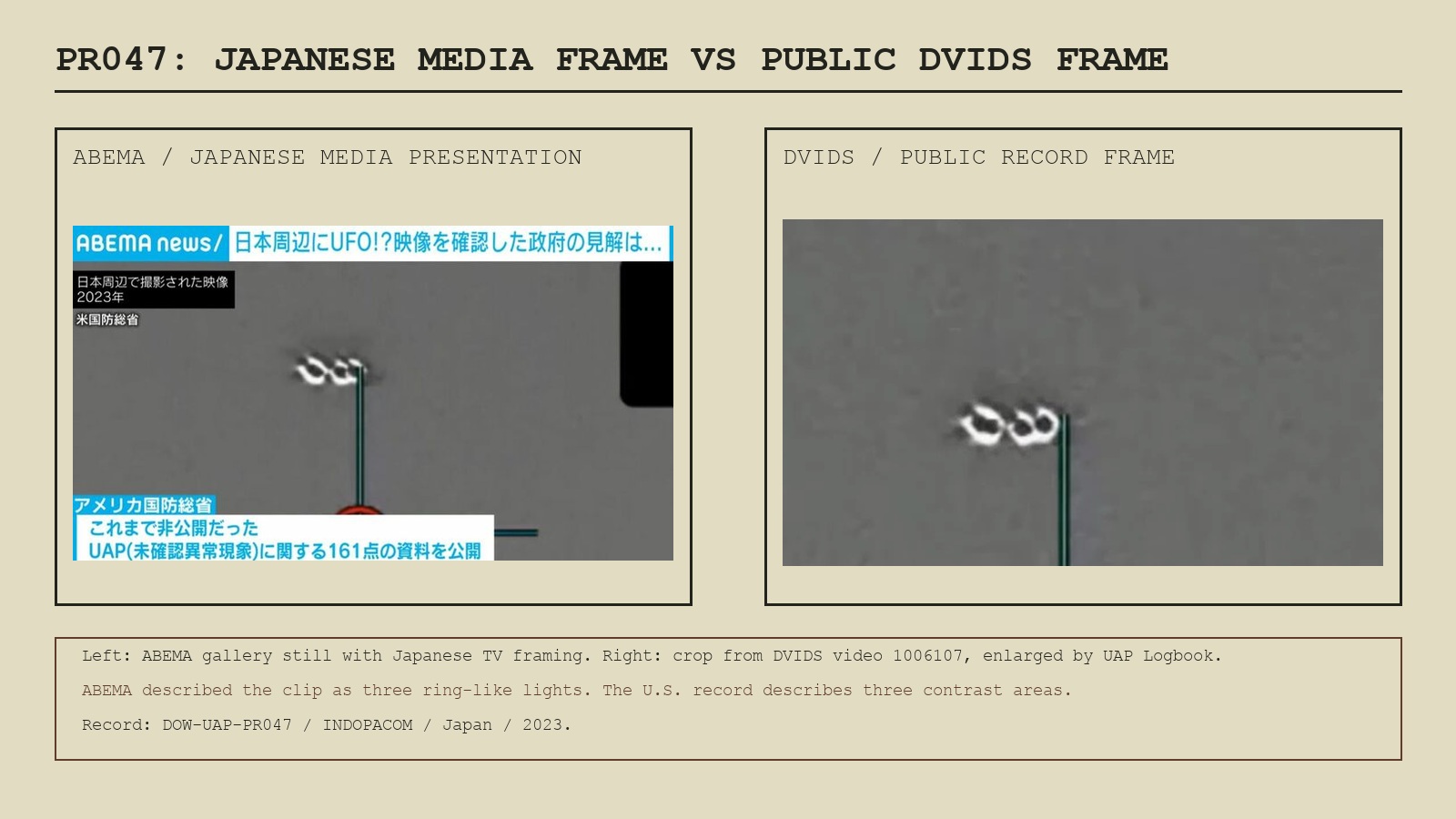 Comparison of an ABEMA article still describing the PR047 Japan-area UAP clip and a crop from the public DVIDS PR047 video frame.