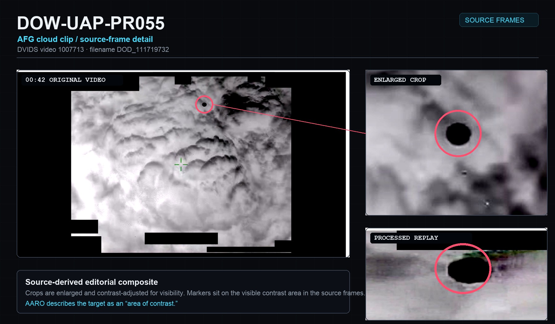 Source-derived editorial composite for DOW-UAP-PR055 showing the infrared cloud frame, an enlarged crop of the contrast area, and a processed replay crop.