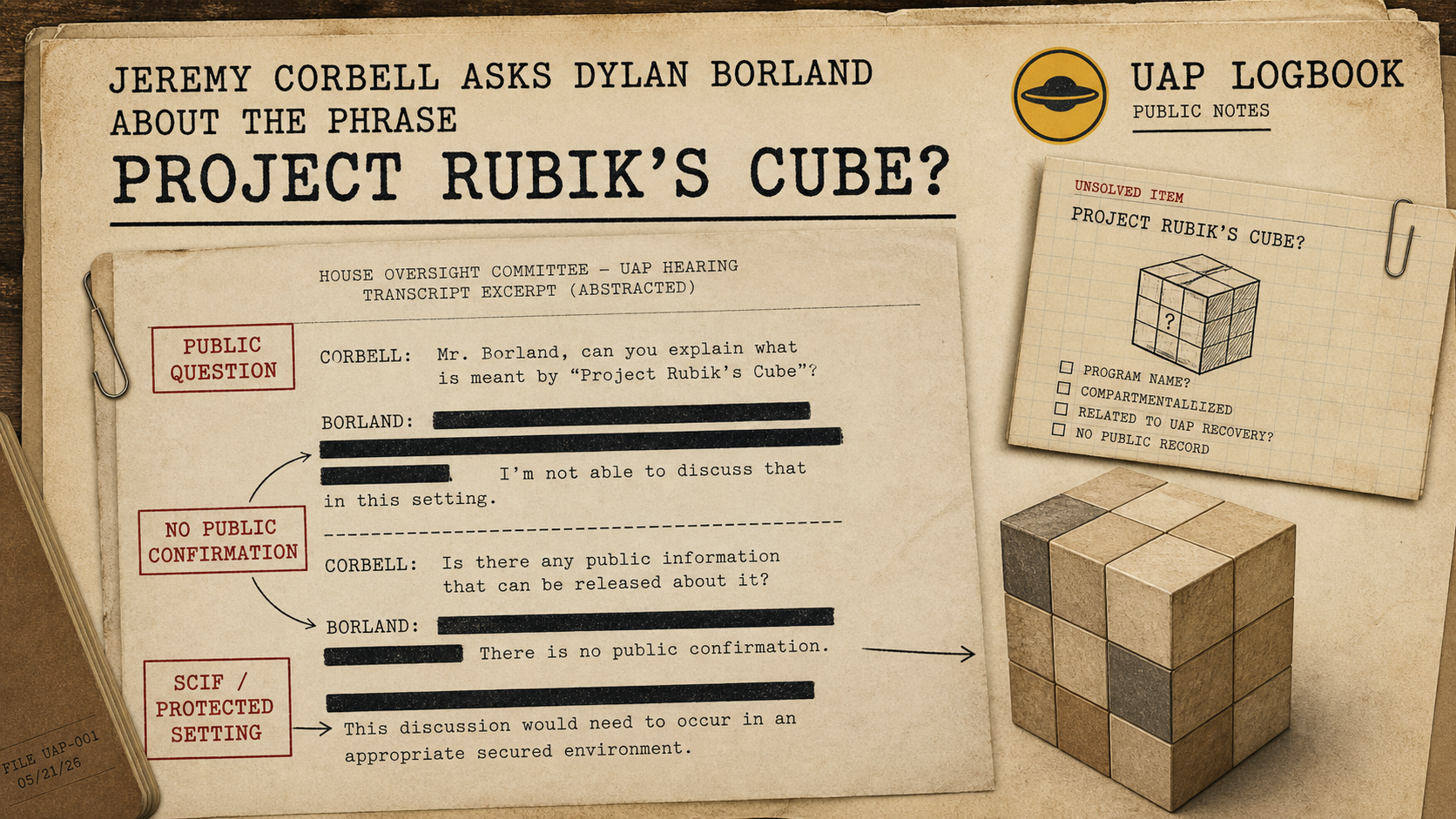 Generated editorial graphic showing a redacted transcript-style page about the phrase Project Rubik's Cube, with labels for public question, no public confirmation, and SCIF protected setting.