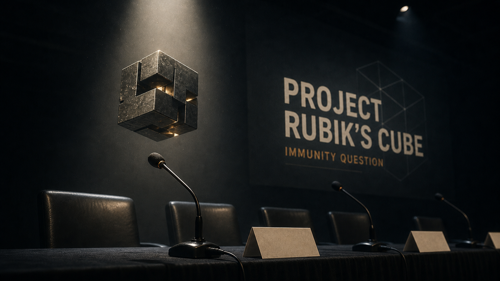 AI-generated editorial image showing an empty hearing-style stage, microphones, the words Project Rubik's Cube and Immunity Question, and a cube-like object under a spotlight.