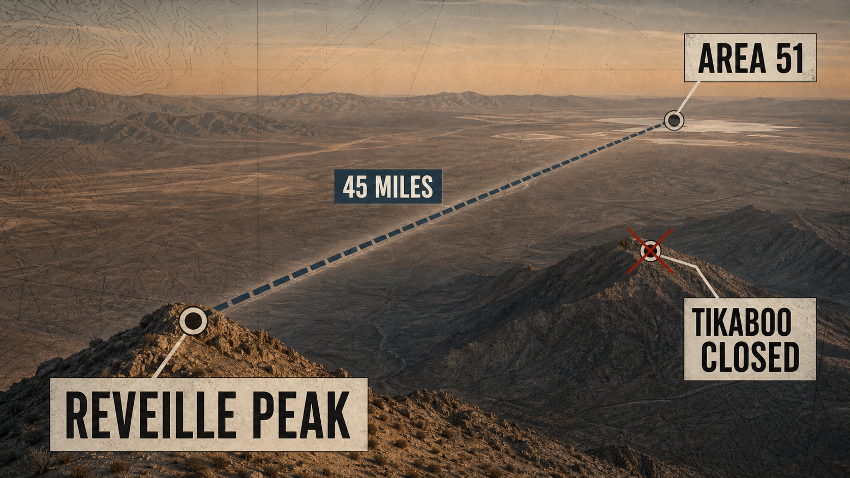 Editorial map-style image showing Reveille Peak, Tikaboo closed, Area 51, and a 45-mile distance line across the Nevada desert