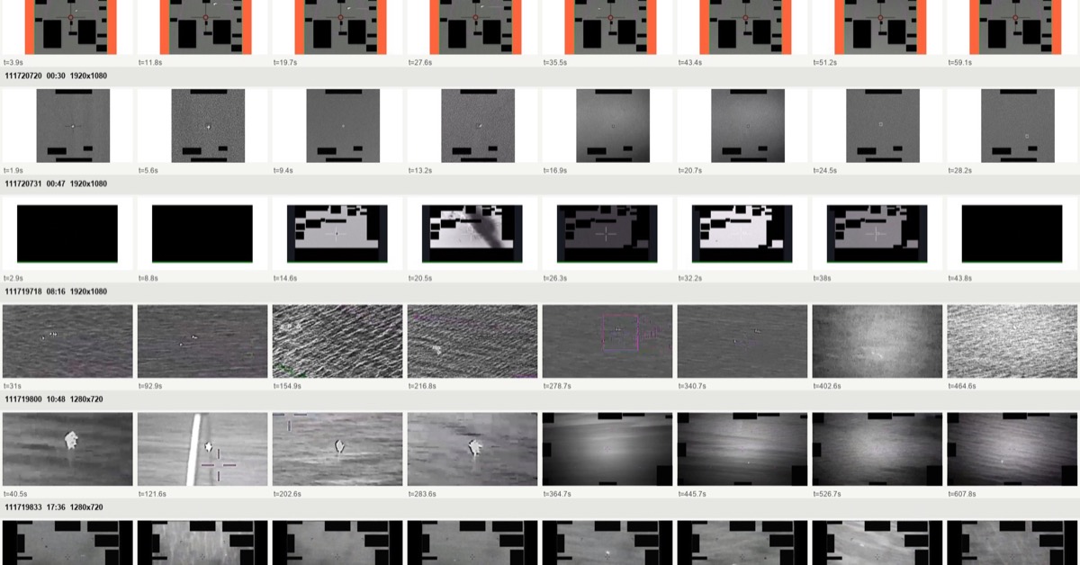 Contact sheet of public PURSUE Release 02 source frames, including Syria, water-case, Lake Huron, and formation clips.