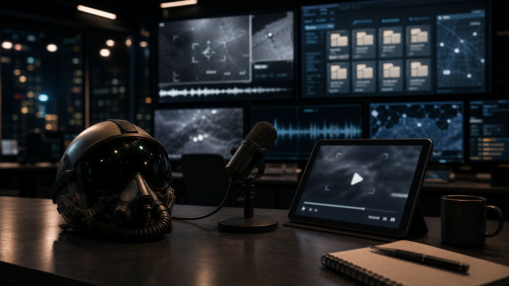 AI-generated editorial image showing a dark broadcast desk with a pilot helmet, microphone, tablet video interface, and abstract UAP-monitor imagery in the background.