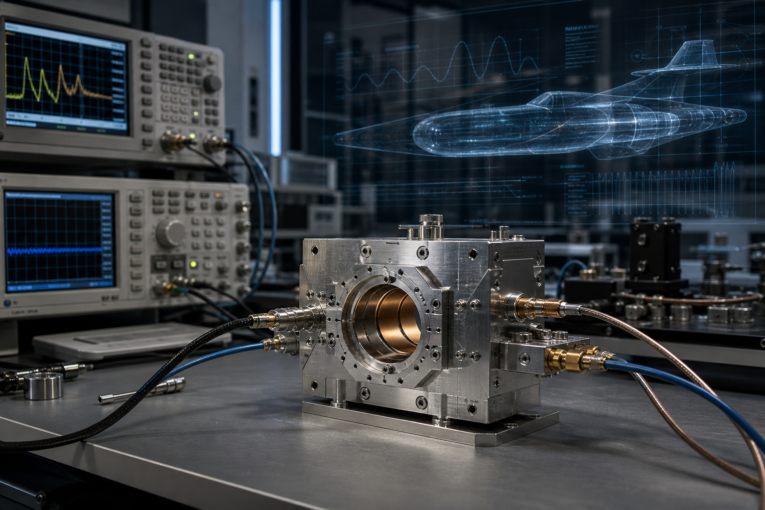 AI-generated editorial image of a dark aerospace lab bench with a metallic resonant cavity test device, microwave cables, measurement instruments, and faint waveform diagrams.
