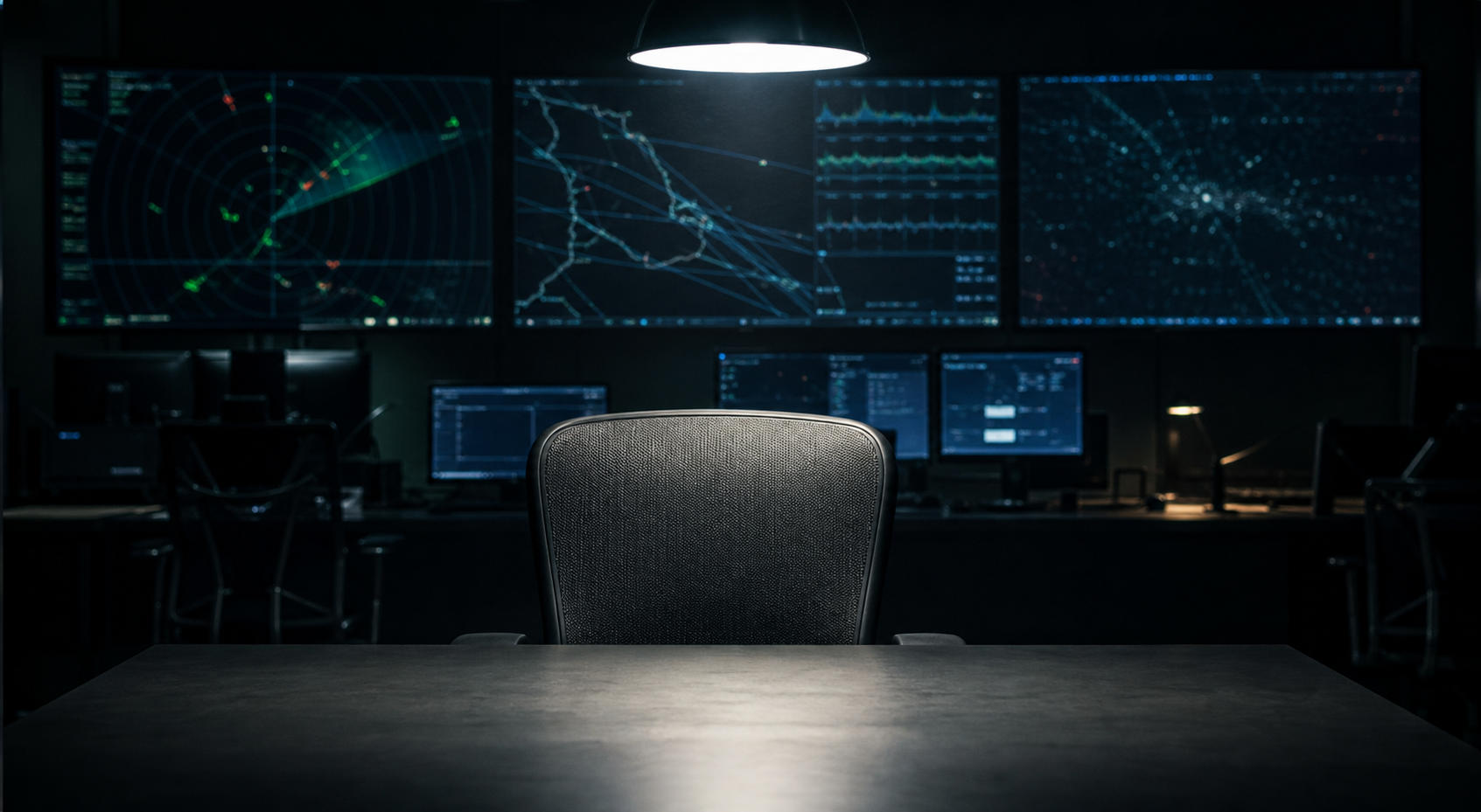 AI-generated editorial image of a dark analysis room with radar displays, raw data traces, and an empty chair under hard light.