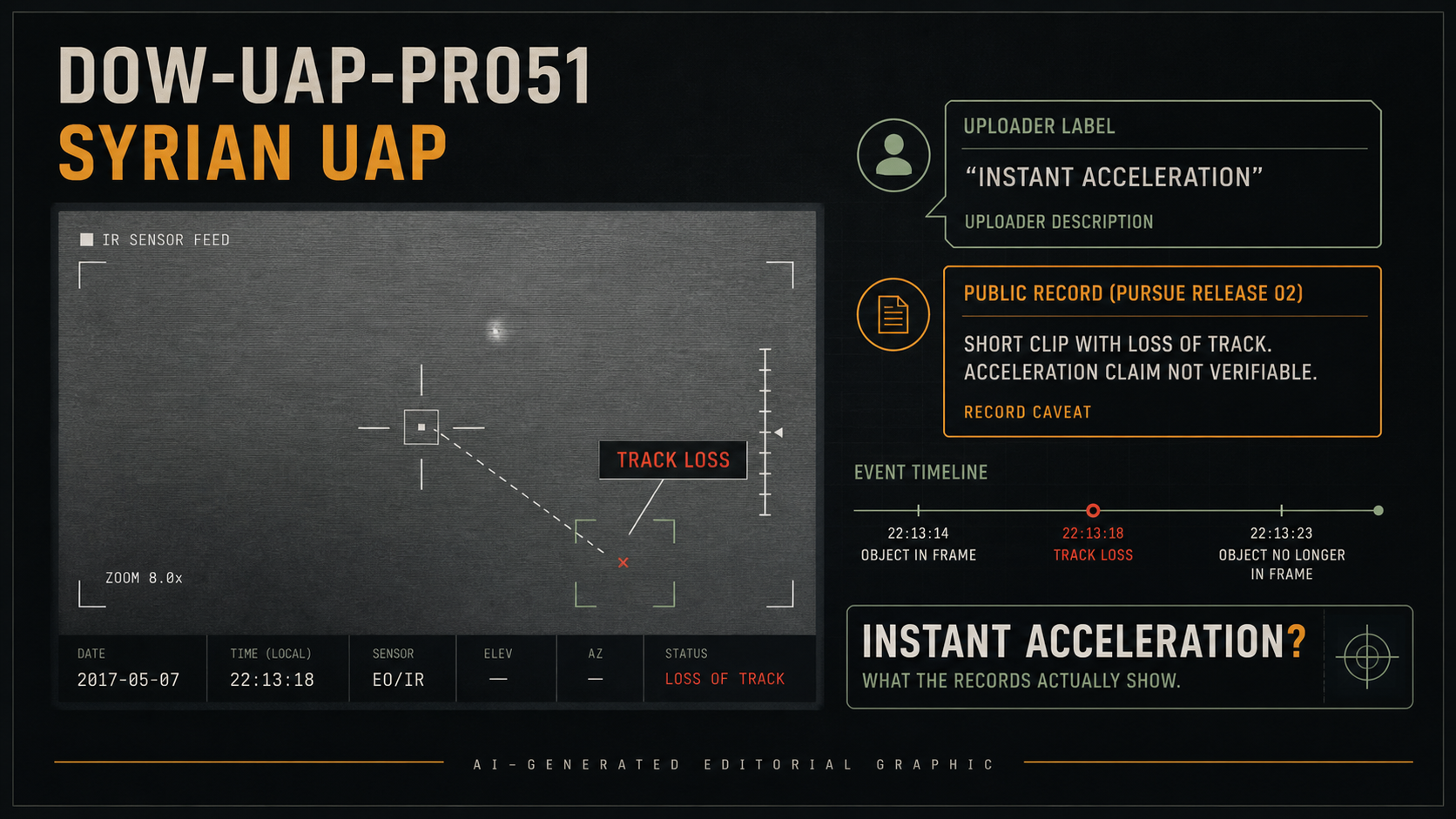 AI-generated editorial graphic for DOW-UAP-PR051, showing a sensor-analysis layout around the Syrian UAP instant acceleration label and track-loss caveat.