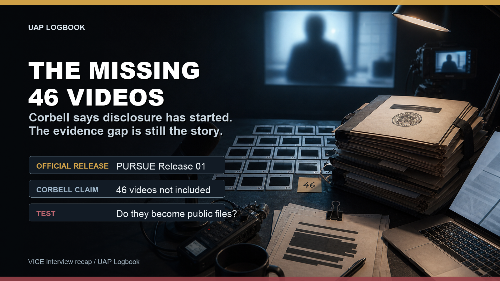 Editorial illustration of missing UAP video files in a dark interview studio