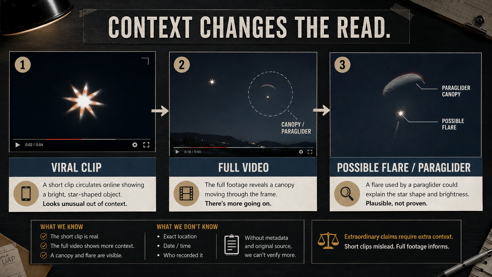 Infographic explaining how a viral star-shaped UFO clip changes when the full video shows a possible paraglider and flare