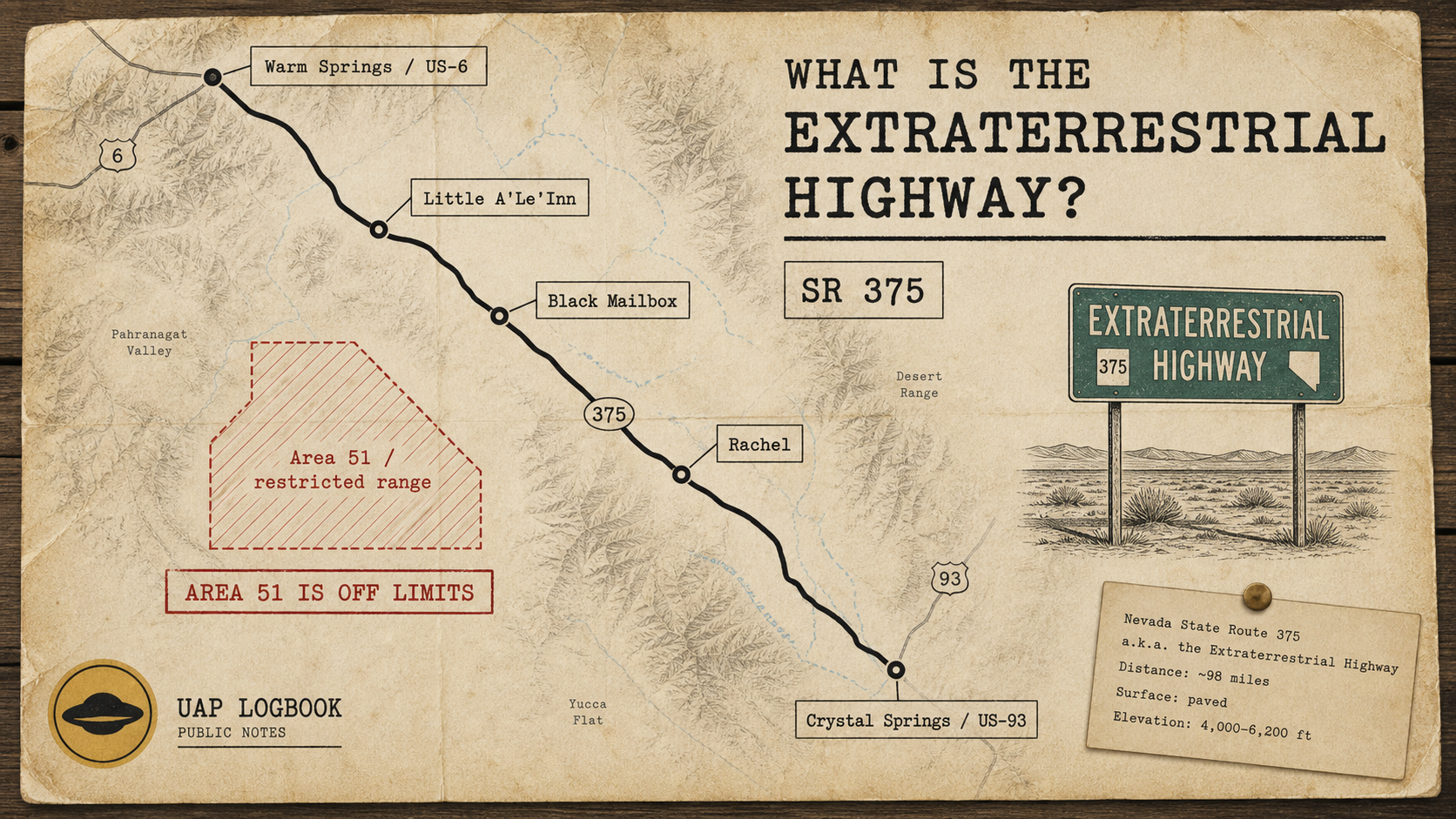 Editorial map graphic showing Nevada State Route 375 as the Extraterrestrial Highway, with Rachel, Black Mailbox, Little A'Le'Inn, Crystal Springs, Warm Springs, and the restricted Area 51 range.