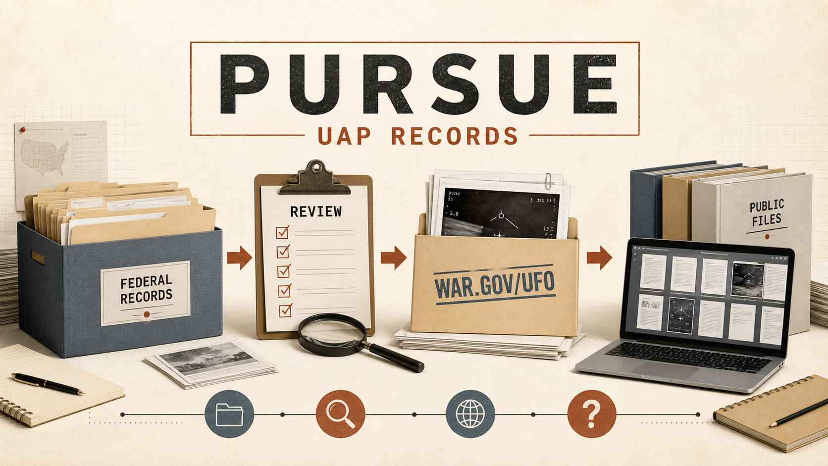 Editorial infographic showing PURSUE as a UAP records pipeline from federal sources through review and declassification to war.gov/ufo and public records.